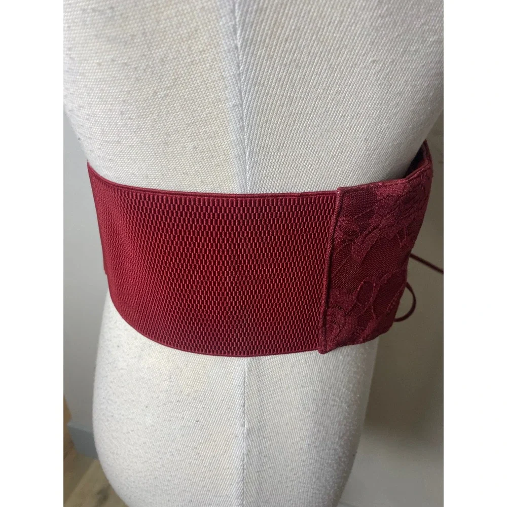 Burgundy Red Lace Corset Belt Y2K Wide Elastic Waist Cinch Snap Floral Rose S/M